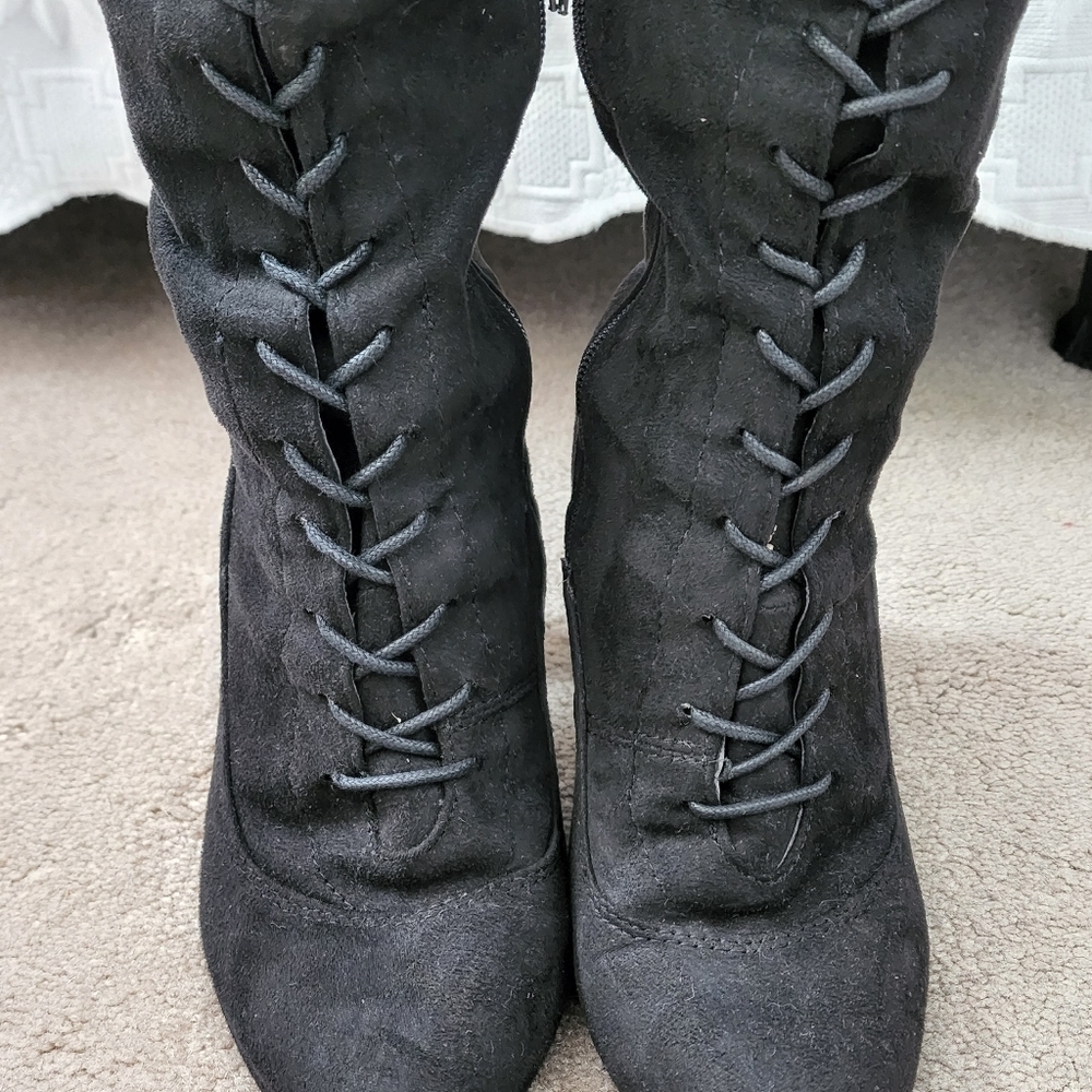 SHEIN Black Faux Suede Over The Knee High Adjustable Tie Lace Up Boots Sz. 8 1/2 - Picture 6 of 7